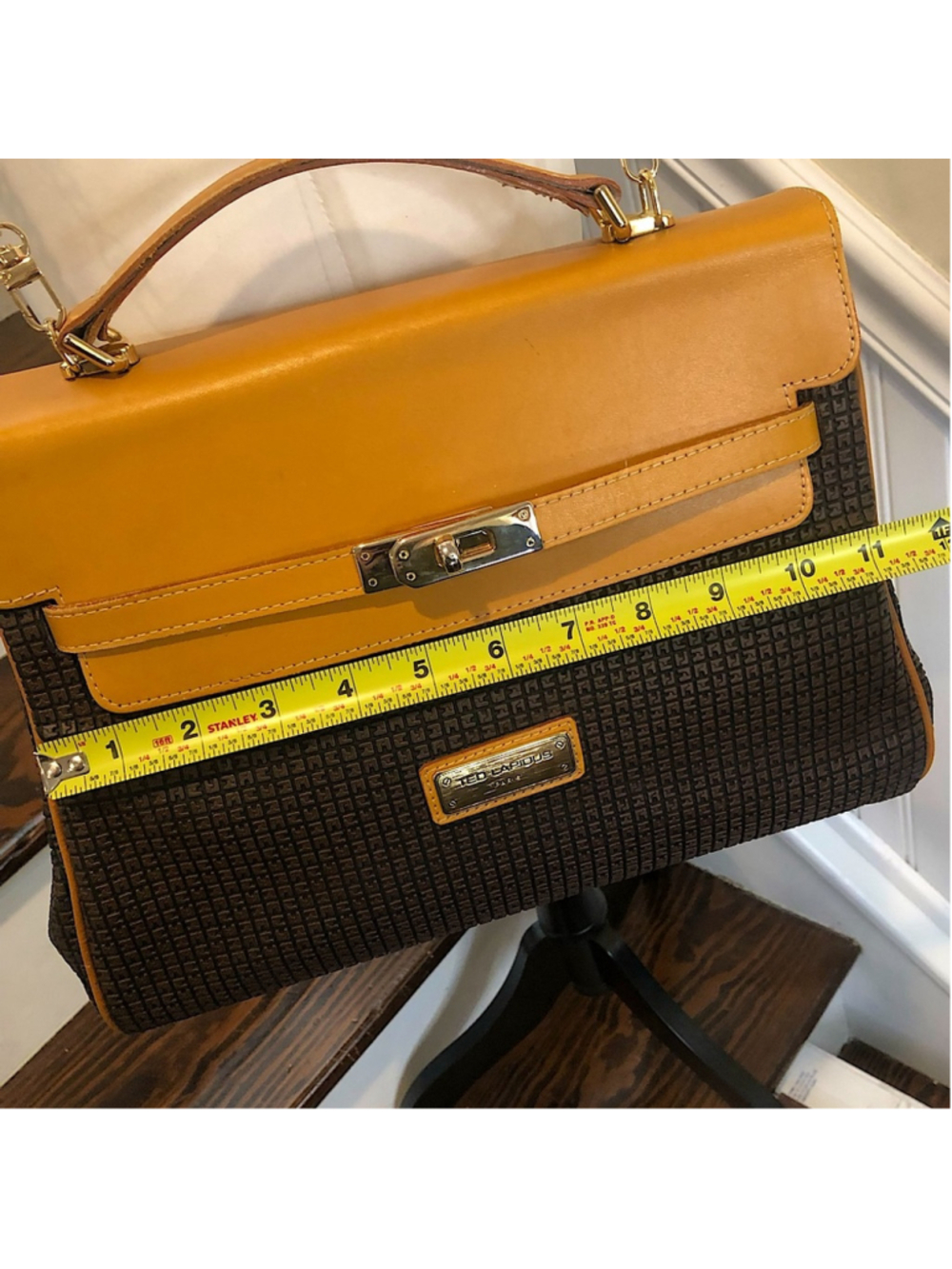TED LAPIDUS Caramel Leather Top Handle & Monogram Embossed Crossbody Satchel - Picture 14 of 17